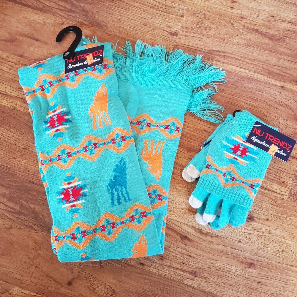 NEW Nu Trendz Scarf and Gloves Southwestern Turquoise Set